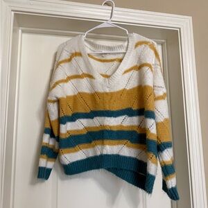 Striped V-Neck Sweater - White, Gold, Teal
